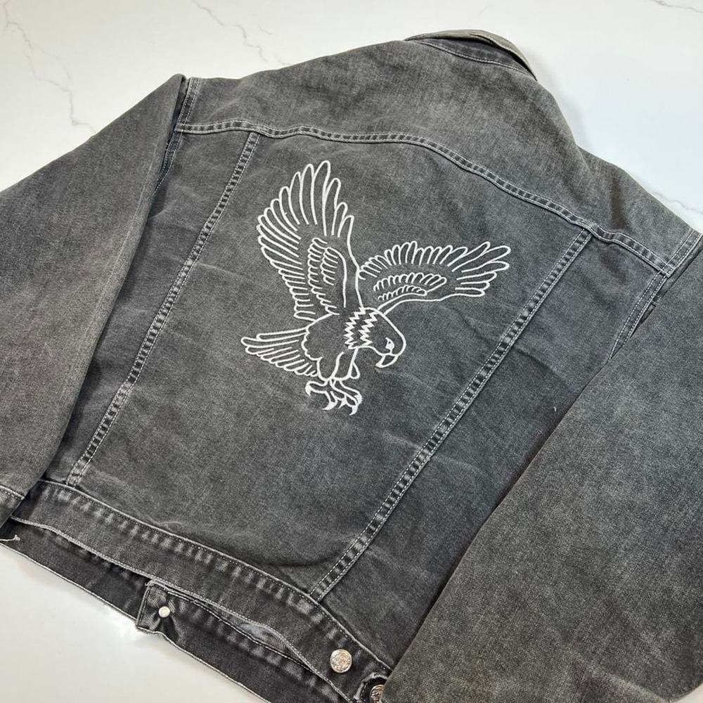Vintage Denim Jacket Mens XL Washed Black Eagle Embroidery Made in USA Trucker